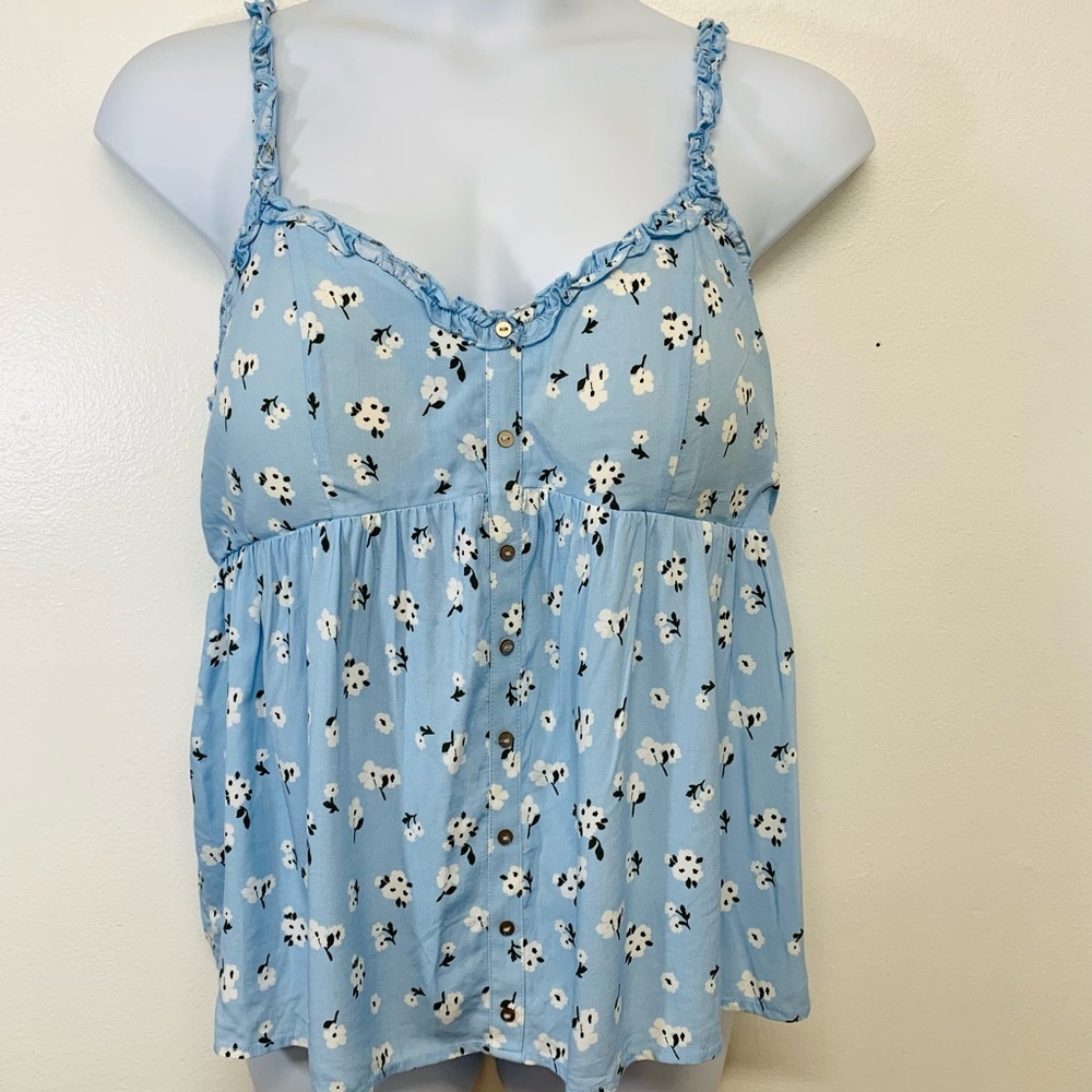 No Boundries Y2K Babydoll Tank Cami Junior 2X Blue Floral Ruffle Feminine Retro